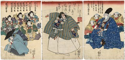 Attori in Kanjincho: Ichikawa Kuzo II come Togashi no Saemon, Ichikawa Ebizo V come Musashibo Benkei, Ichikawa Danjuro VIII come Minamoto no Yoshitsune da Utagawa Kuniyoshi